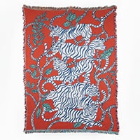 Beige and Red Jacquard Tiger Woven Printed Cotton Throw with Fringes